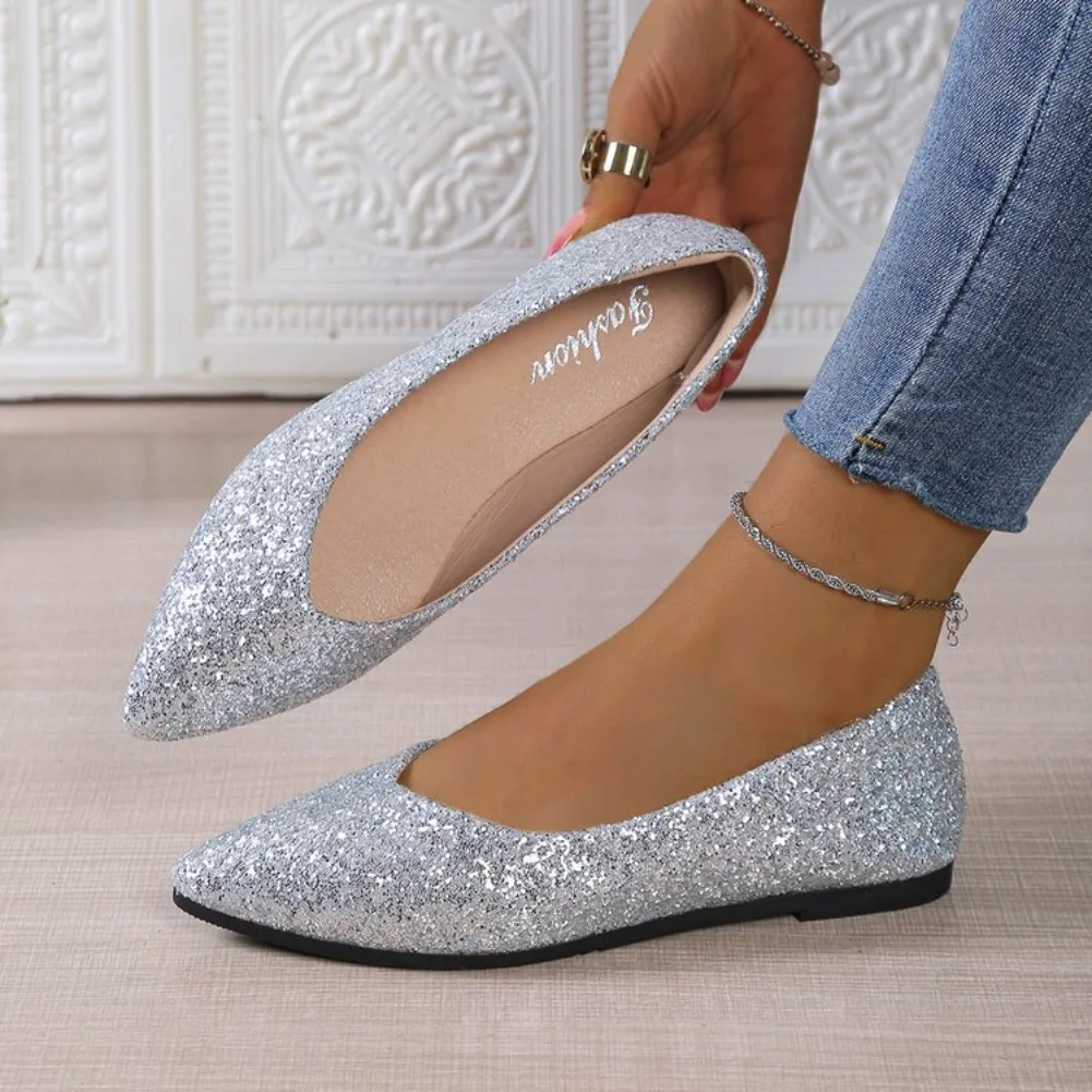 Women's Pointed Toe Flat Ballet Shoes Classic Fashion Sequined Casual Comfortable Autumn New 2025 Zapatos De Mujer