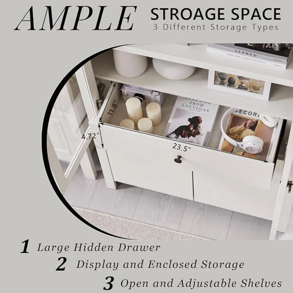Modern Farmhouse  Wooden Display Cabinet with Large Hidden Drawer and Glass Doors, Versatile Bookshelf for Living Room, Bedroom 5