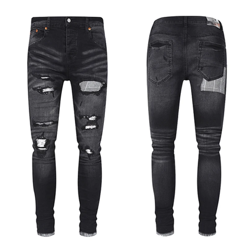 

American High Street Purple Brand Jeans Retro Do Old Patch Plaid Mend Stretch Slim Pants Men Women Daily Casual Denim Trousers
