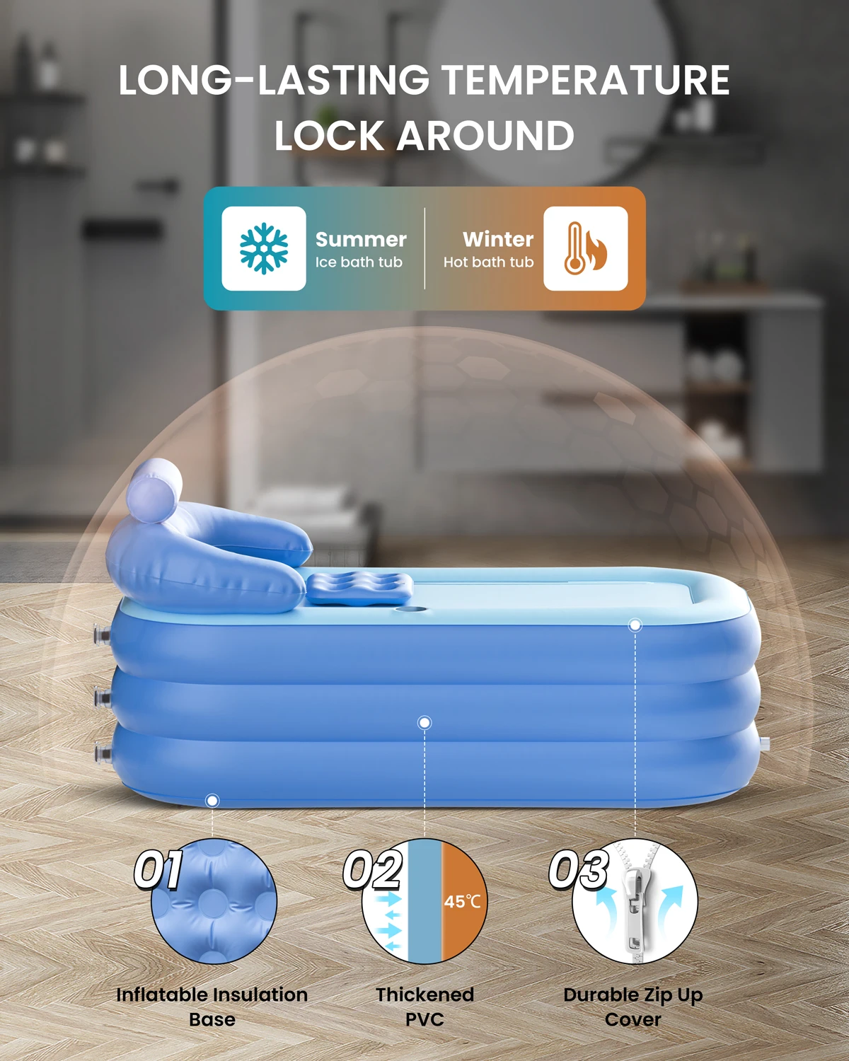 63" Inflatable Folding Bathtub for Adults,  Portable Foldable Tub with Electric Air Pump, SPA Freestanding Soaking Barrel 3