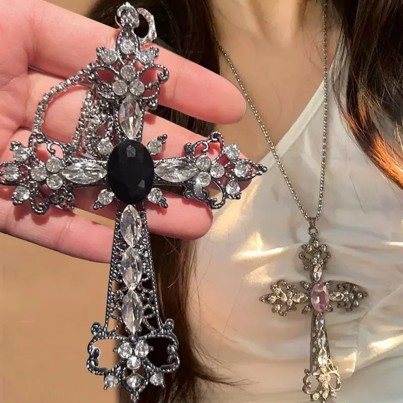 Gothic Big Zircon Cross Necklace Unisex Y2K Irregular Goth Large