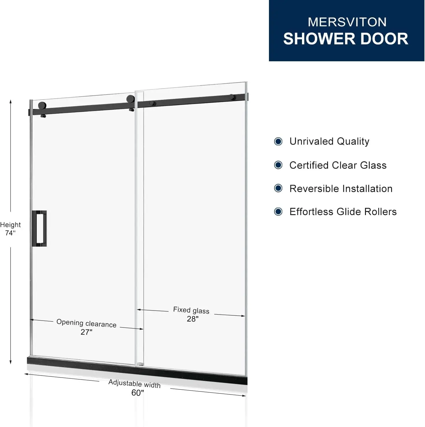 Frameless Sliding Shower Door 60"" W X 74"" H, 5/16"" Tempered Glass Shower Door W/Seal Strip Parts, Handle & Stainless Steel 2