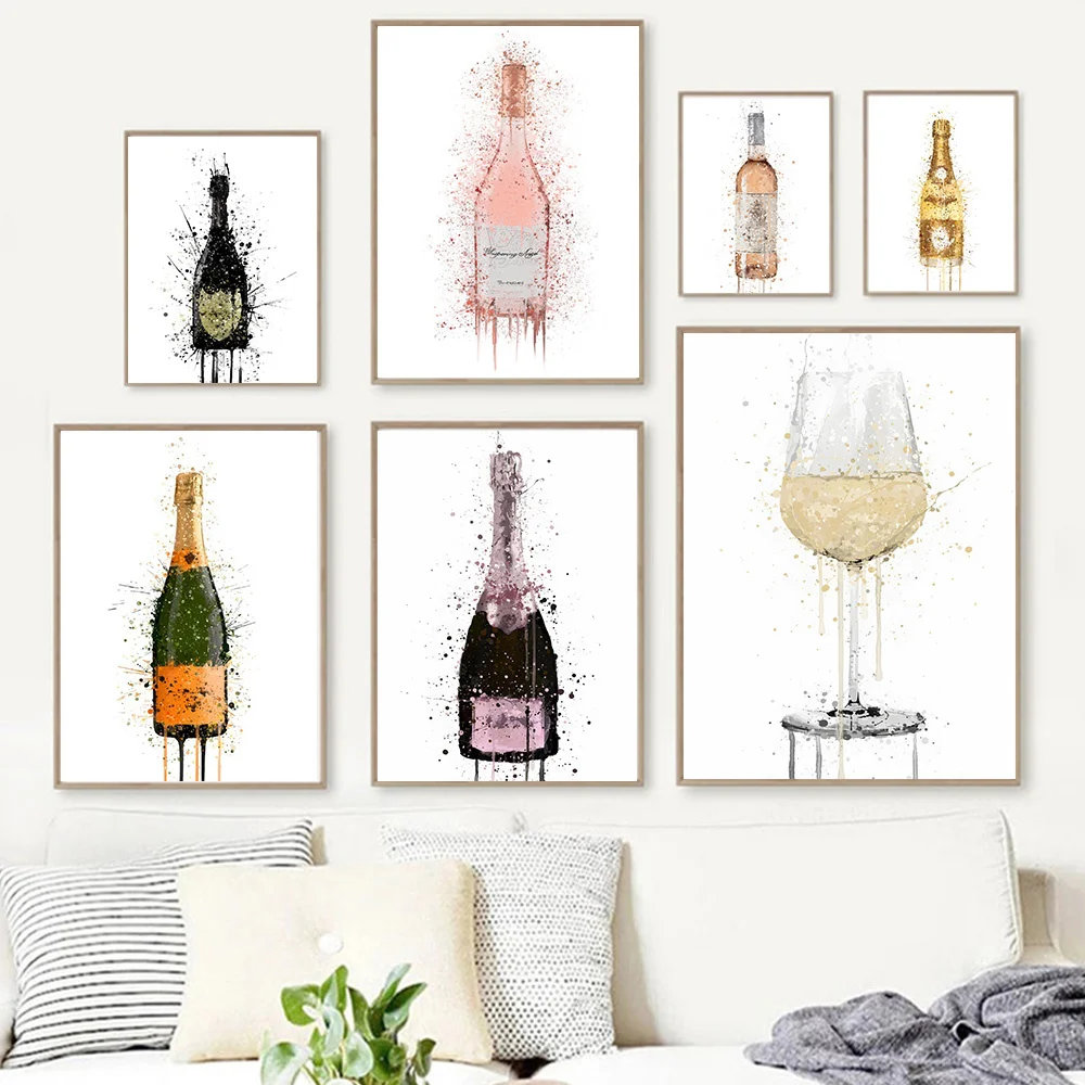 

Pink Champagne Stars Wine Bottle Glass Watercolor Graffiti Art Canvas Painting Nordic Fashion Pop Poster Print Modern Home Decor