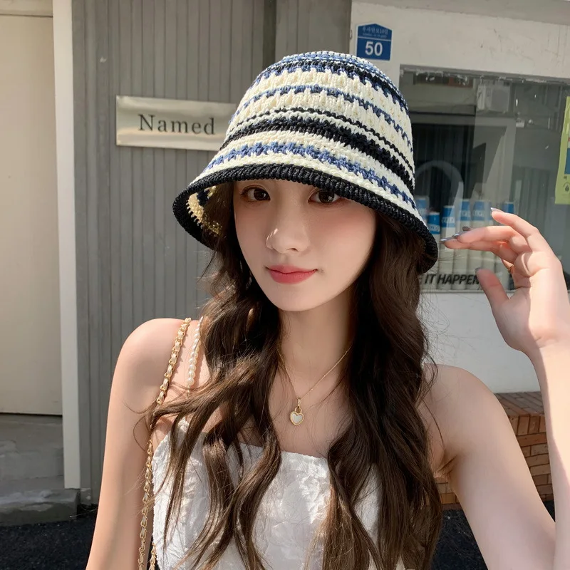 Colorful Stripe Knitted Bowl Hats for Women's Casual Versatile Korean Decoration Foldable Sun Visor Hat Bucket Hat sun hat,bucket hat,women bucket hat,women hat