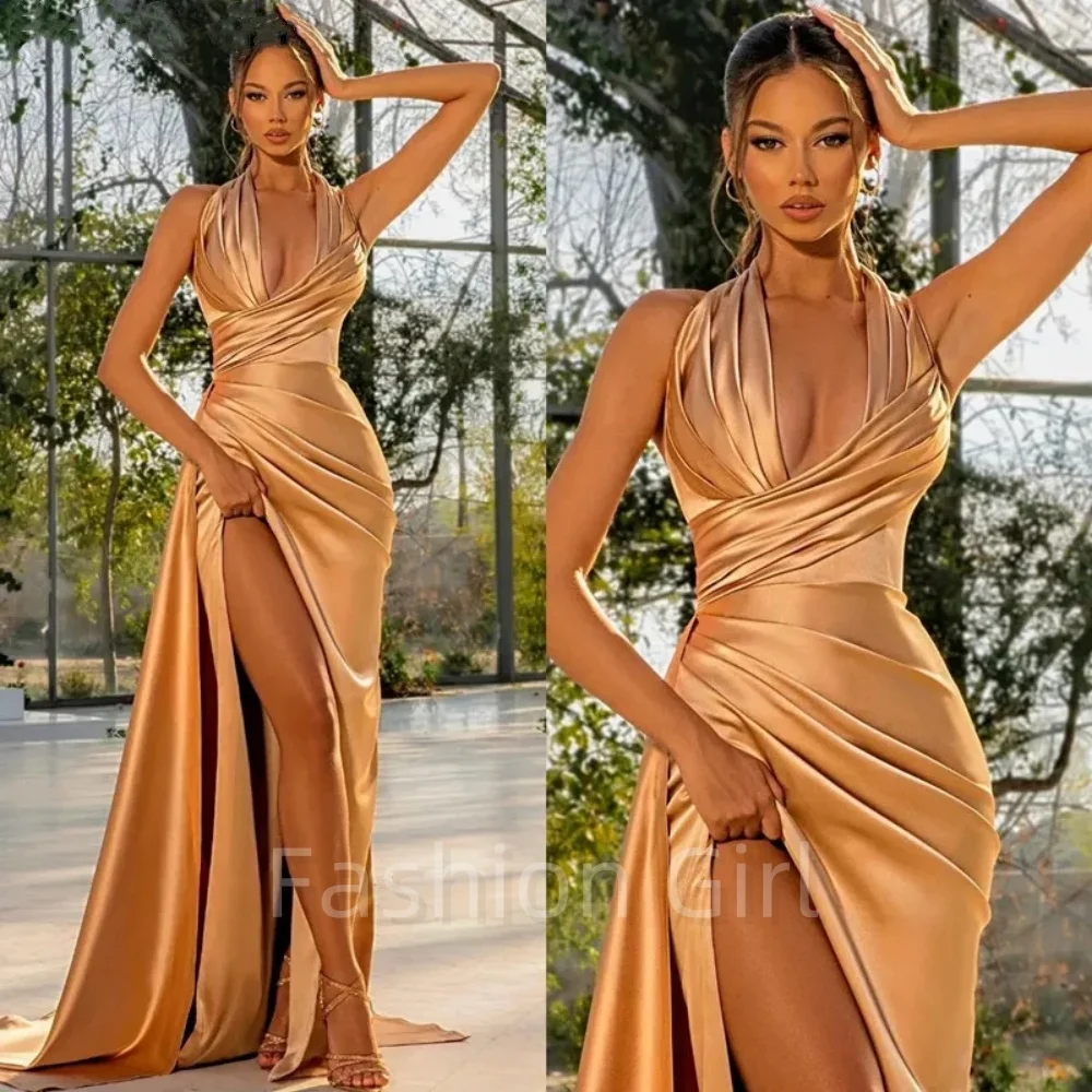 

Luxury Gold Soft Satin Women's Evening Dresses Pleated Hanging Neck High Split Celebrity Party Dress Formal Occasion Prom Gown