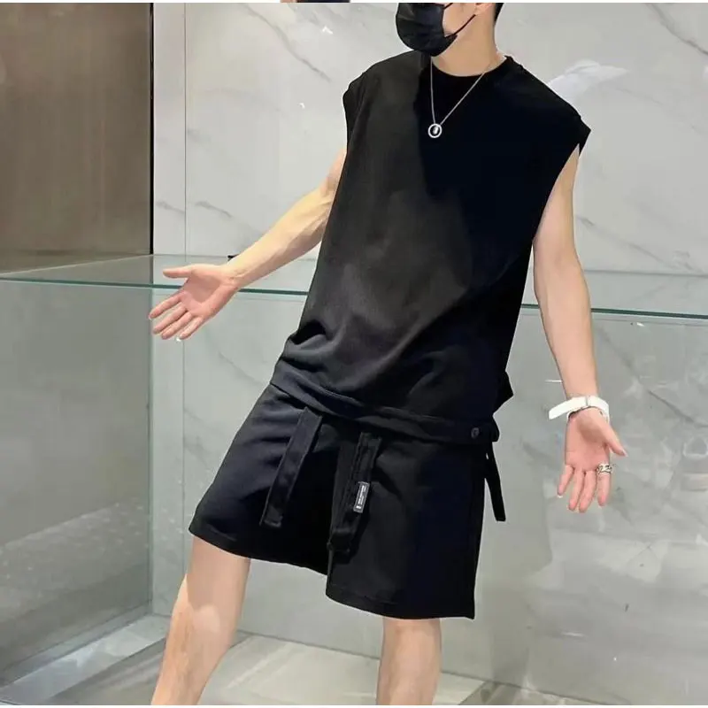 2024 Elegant Fashion Harajuku Slim Fit Ropa Hombre Loose Casual All Match Sports Shorts Set Solid Sleeveless Vest Two Piece Set