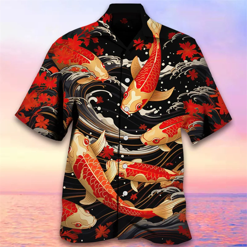 thumbnail image 1 of Camisas de playa con estampado 3D de carpa hawaiana, camisas de peces hawaianos para hombres, ropa informal de vacaciones, blusa de solapa de manga corta, 1 of 5
