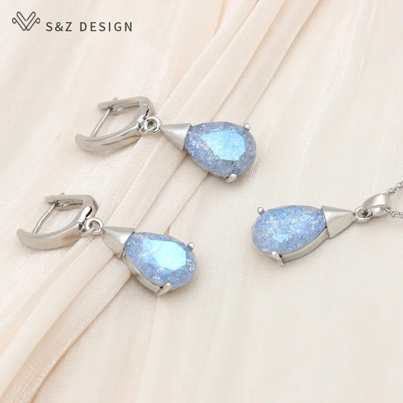 S&Z DESIGN New Elegant Water Drop Crystal Dangle Earrings Jewelry Sets For Women Personality Party Pendant Necklace