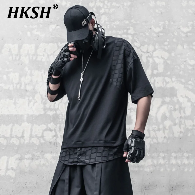 Hksh Niche Yamamoto Style Dark Allentato Plaid Patchwork Manica Corta T-Shirt Da Uomo Chic Trend Falso Due Pezzi Mezza Manica Top Hk0912