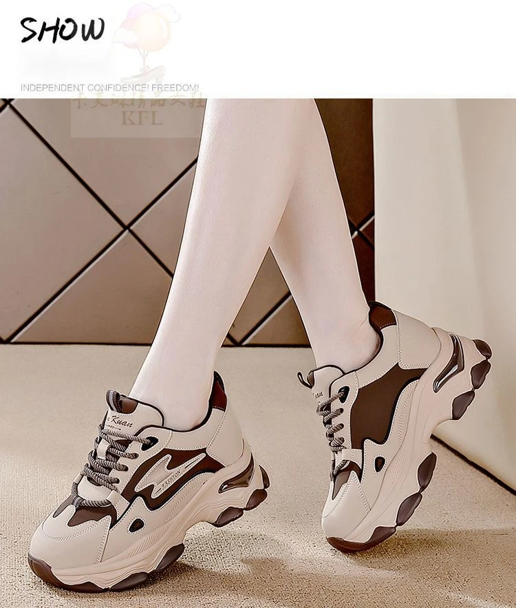 Genuine leather thick sole dad shoes for women with increased shock absorption and lace up color matching mesh red_voghion.com