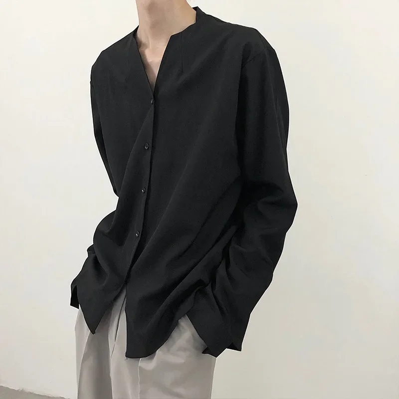 Spring Autumn Men Shirt Casual Loose Long Sleeve V-Neck  Shirts Streetwear Vintage Fashion Blouses Office Daily Clothing
