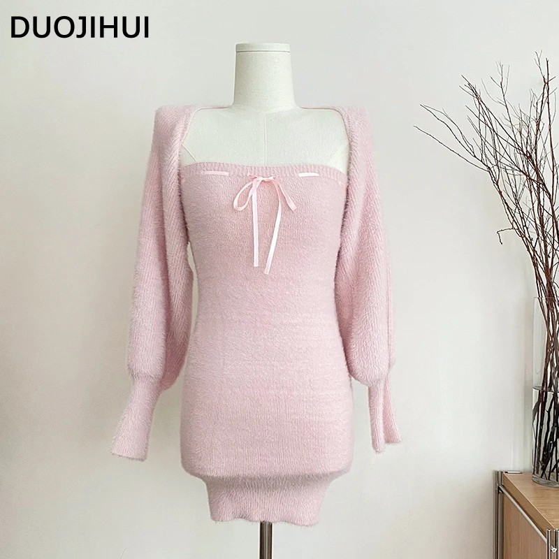 

DUOJIHUI Two Piece Pink Sweet Women's Dresses Korean Style Knitting Soft Chic Bow Canshoulder Blast Pure Color Female Mini Dress