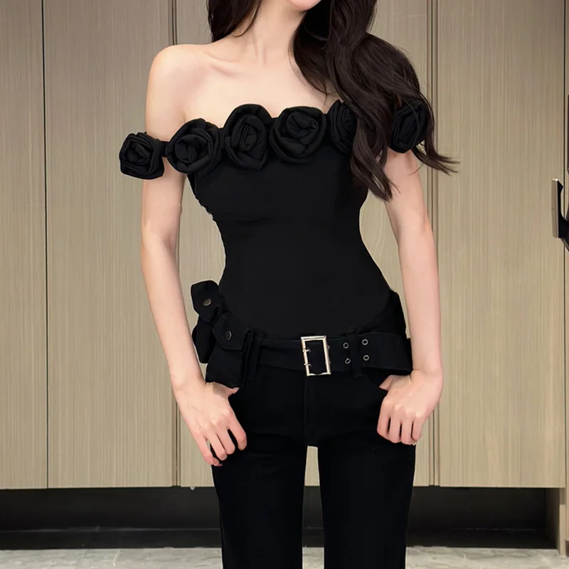 섹시한 한국 슬래시 넥 여성용 상의, 슬림 솔리드 티셔츠, 나이트 클럽 소녀 풀..