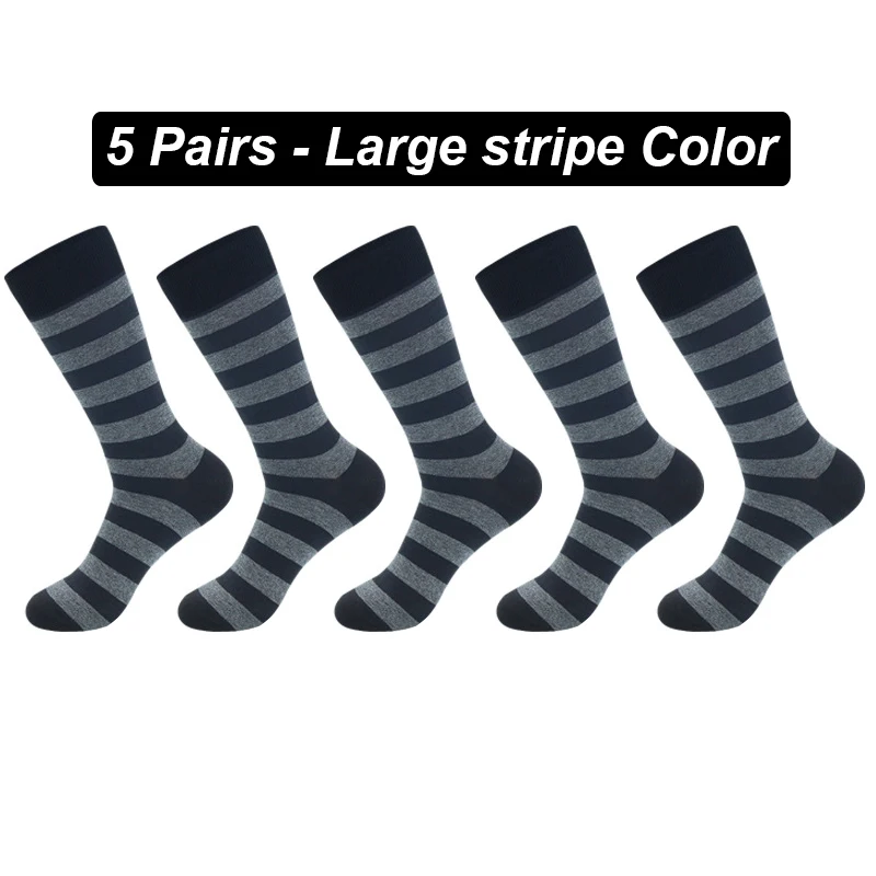 Men's Long Socks Pack - 5 Pairs Striped & Solid Black Cotton Crew Socks | Comfortable Plus Size EU40-47