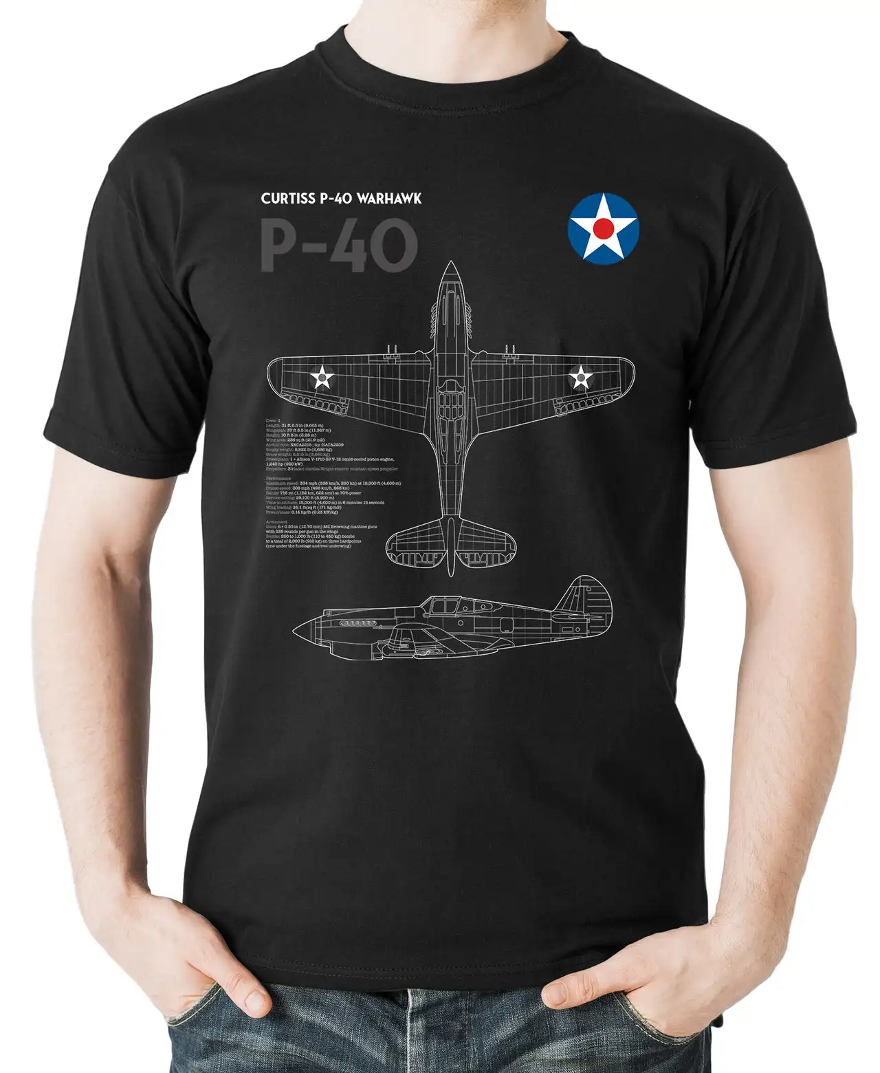 

WWII US Air Force Curtiss P-40 Warhawk Fighter Spec Blueprint T-Shirt 100% Cotton O-Neck Short Sleeve Summer Casual Mens T-shirt