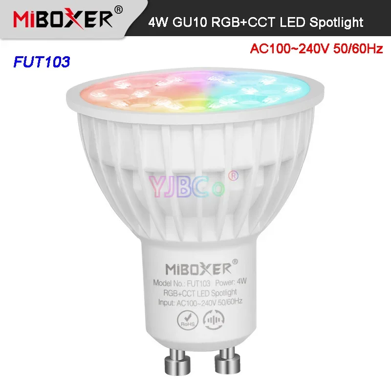 Фото Miboxer 2,4G 4W GU10 RGB + CCT светодиодный Spotlight FUT103 AC 110V 220V внутренняя лампа Milight 2,4G RF пульт дистанционного управления APP управление №1