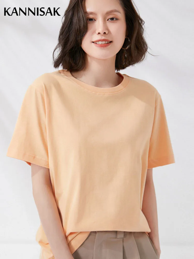 Women T-shirts 2025 Summer Tops Solid Short Sleeve Loose O-neck 100% Cotton Casual Ladies Shirts Harajuku Korean Woman Tshirts - 2