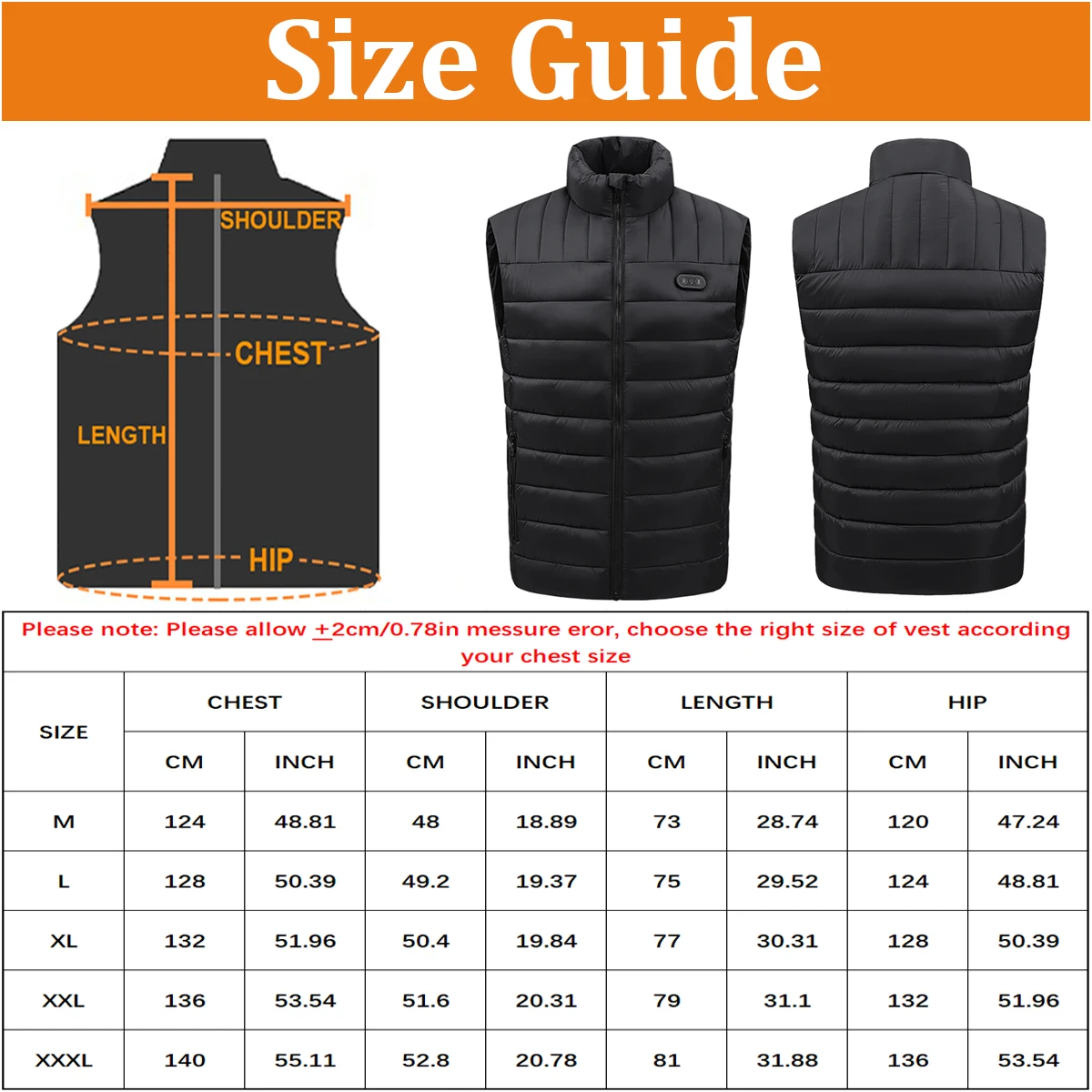 Heated Jacket Heated Vest Winter Warmth Outdoor USB with 15 Carbon Fiber Heating Pads 3 Temperature Levels