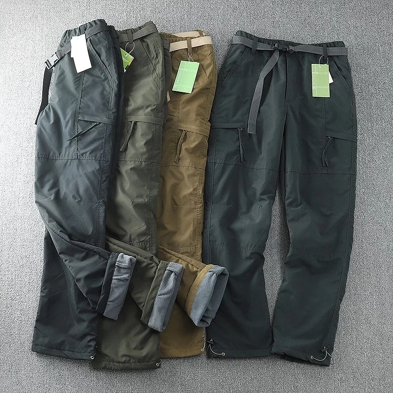 

Winter Cargo Pants Outdoor Windproof Waterproof Plush Pants Men's Straight Multi Bags Overalls Camping Hiking Equipment Trousers