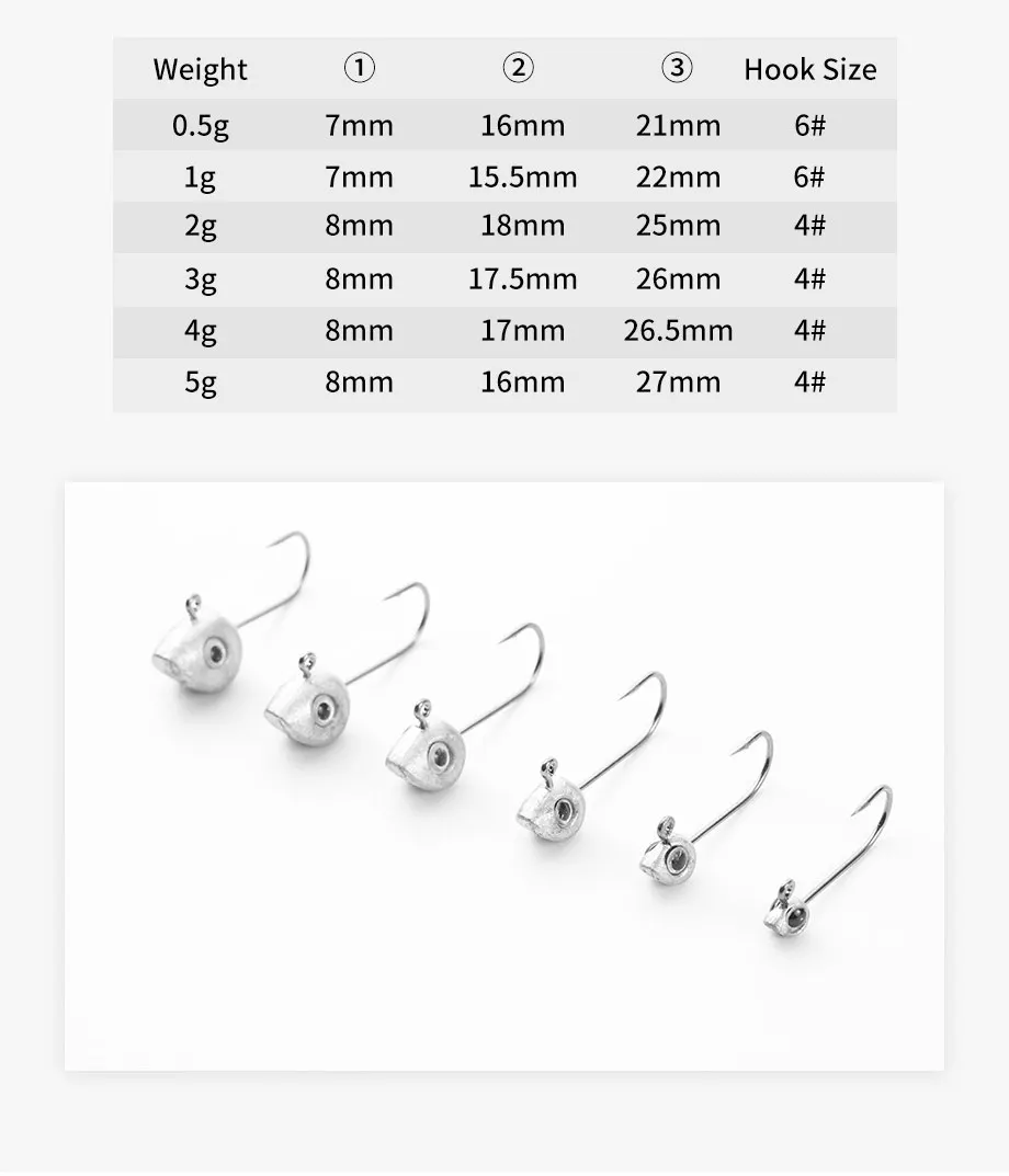 Description Picture 4 of item10pcs Mini Jig Head Hook 3D Eyes 0.5g 1g 2g 3g 4g 5g Bass Crappie Fishing Jig Hooks Soft Lure Worm Fishing Lure Hook
