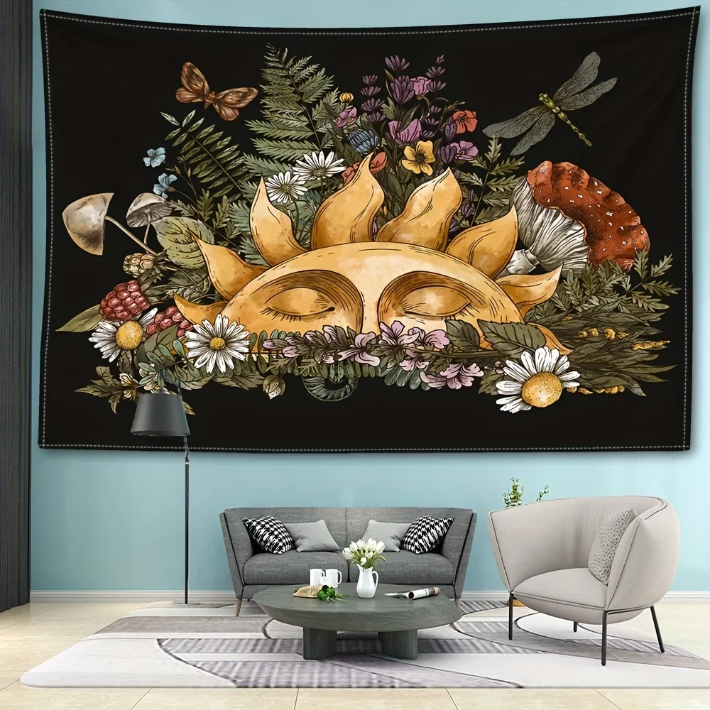 

Гобелен в стиле бохо с солнечным светом для спальни, винтажный Ботанический рисунок с грибами, большие гобелены, настенное украшение, 1 шт.