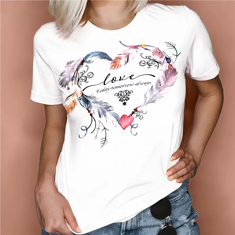 

Женская футболка с коротким рукавом, Повседневная Свободная футболка в форме сердца с принтом, лето 2024