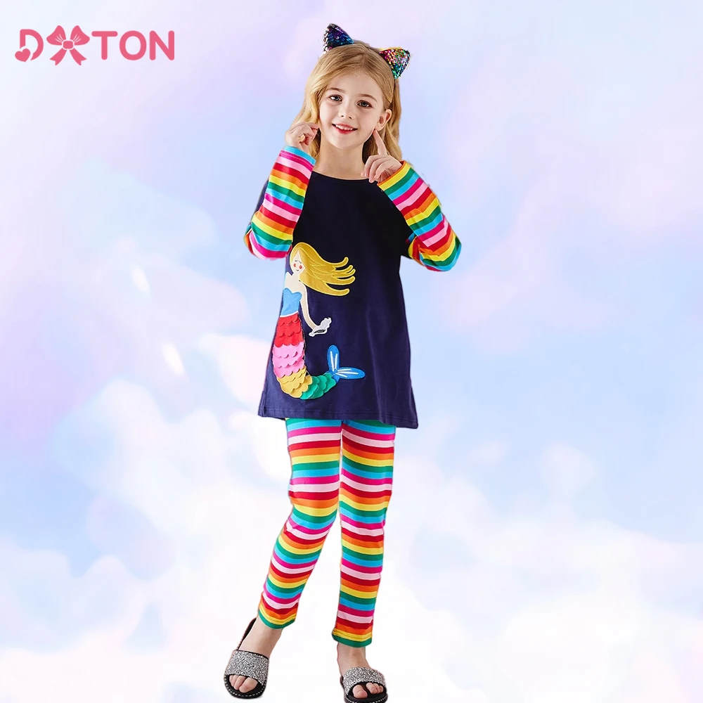 

DXTON Girls Clothing Sets Rainbow Suits 2PCS Long Sleeve Tops Pants Cotton T-shirt and Striped Leggings Children Clothes 3-8Y