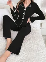 2-Piece Women's Autumn and Winter Pure Color Elegant Bow Women's Simple Long-Sleeved Pants Pajama Set Leisure home clothing - Image 4