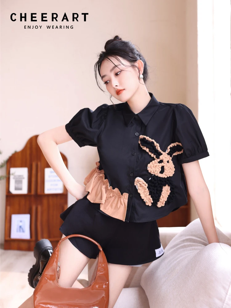 

CHEERART Designer Rabbit Puff Sleeve Blouses For Women Fashion 2023 Kawaii Cute Crop Top Button Up Black Shirt Korean Style