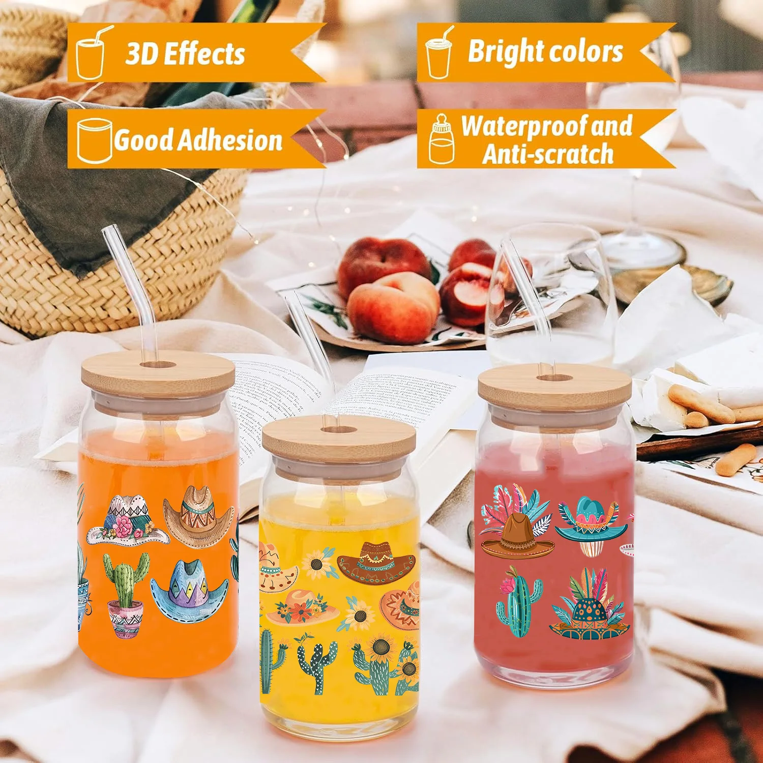 Desert cactus peel waterproof DIY Decals 3D transfers uvdtf crystal stickers 16oz uv dtf cup wraps for Libbey Glasses