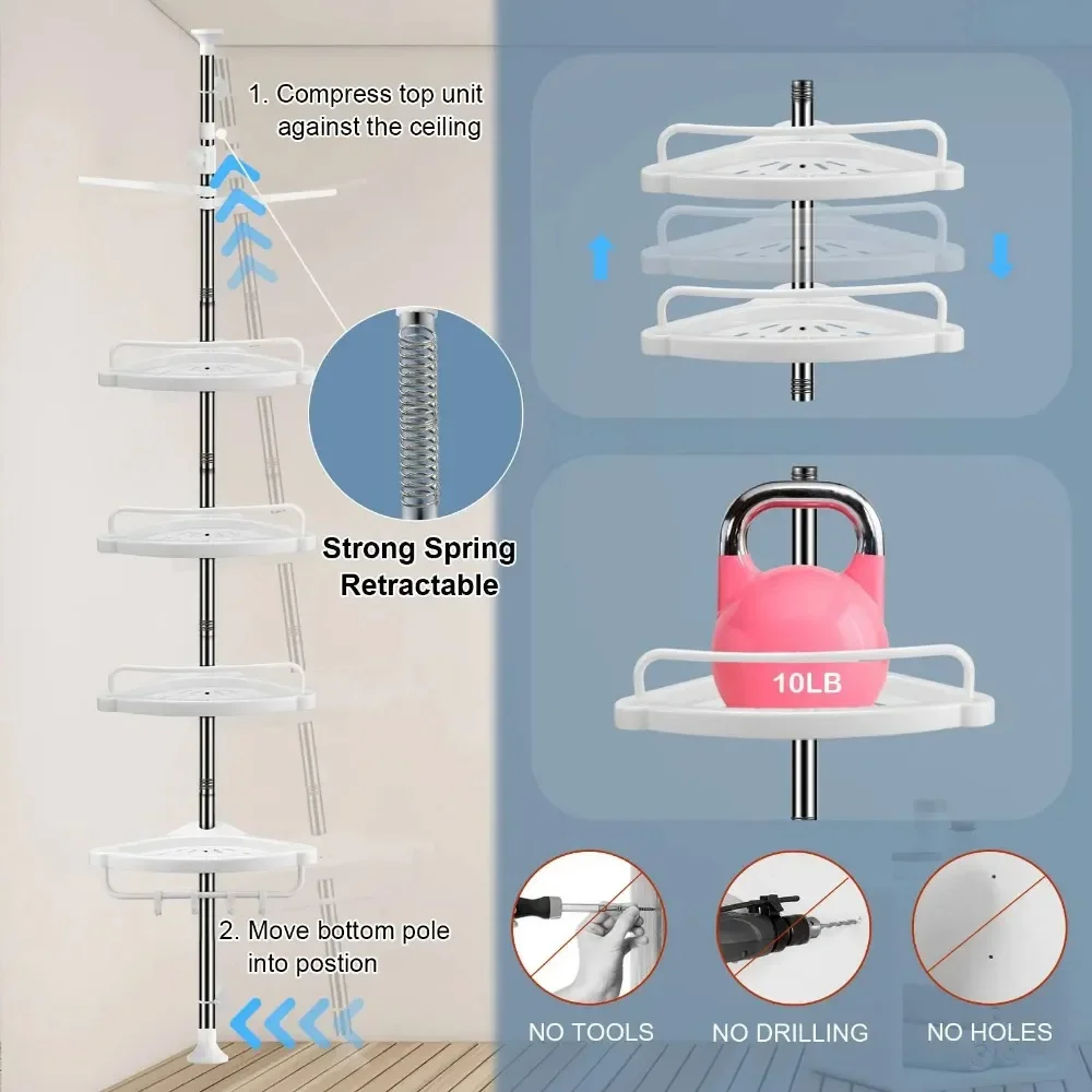 

Shower 4 Corner Organizer Racks Tier Caddy Shower Adjustable Pole Tension Bathroom Caddy Shelf Home Rustproof Height 8-10ft