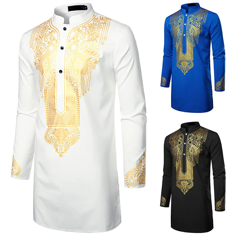 Dubai Luxury Casual Islamic Arabic Abaya Robe Fashion Ethnic Print Stand Collar Youth Mid-length Shirt Coat Muslim Men Clothing
