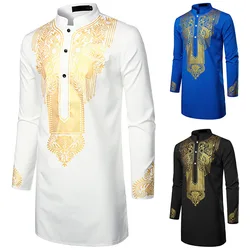 Dubai Luxury Casual Islamic Arabic Abaya Robe Fashion Ethnic Print Stand Collar Youth Mid-length Shirt Coat Muslim Men Clothing
