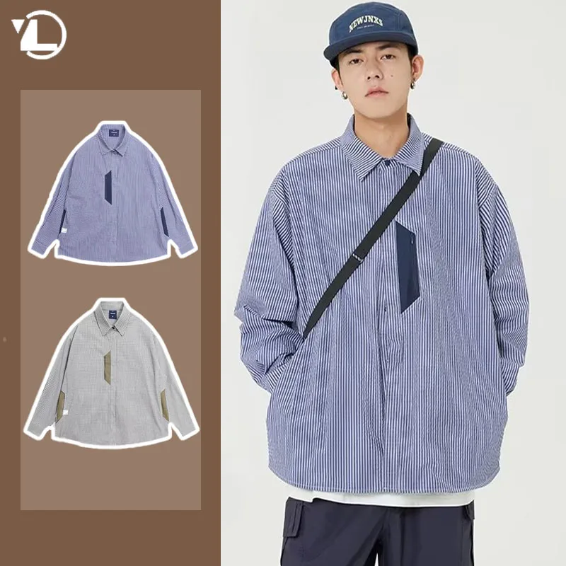 

Spring 2024 Japanese Men Striped Shirt Casual Cotton Patchwork Long Sleeved Shirts Doors Loose Comfortable Camisas De Hombre
