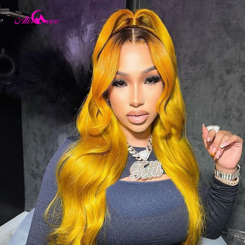 

Yellow With Black Root Body Wave Human Hair Wig Pre-Plucked 13x4 13x6 Lace Frontal Human Hair Wig For Black Woman 180 Density