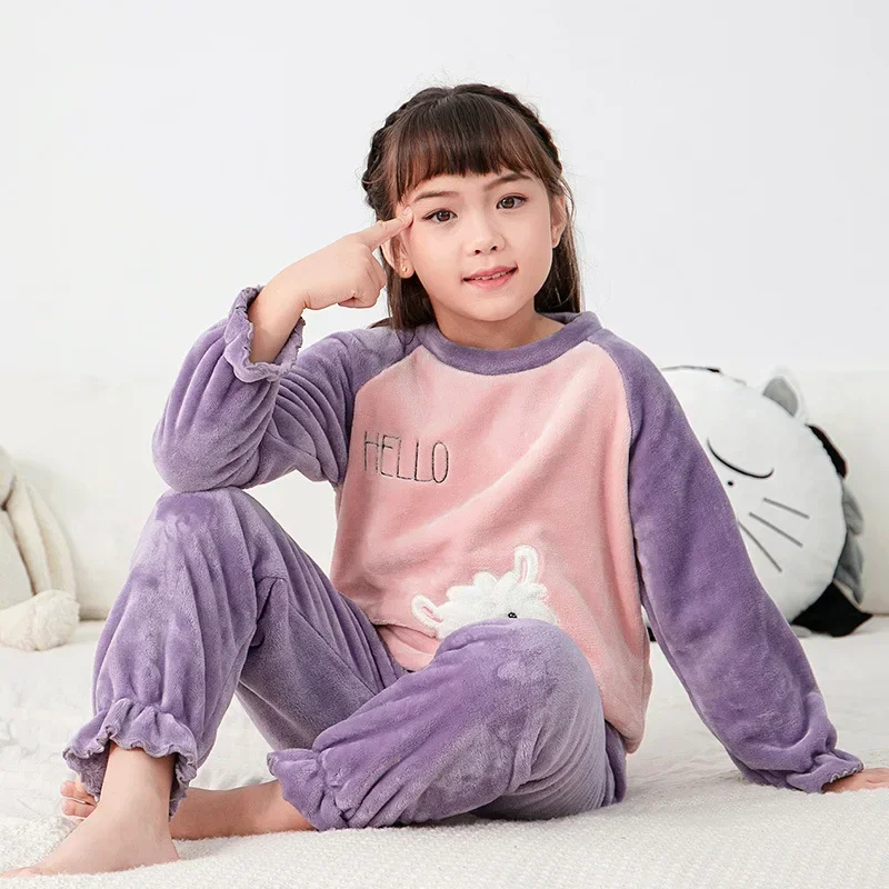 Kids pajamas set Teens long-sleeve fleece pajamas Cartoon