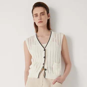 BC1175 Women's Long Sleeve Knitted Cardigan Vest, 100% Linen Sweaters for Ladies, Hollowing Out, Luxury, Summer