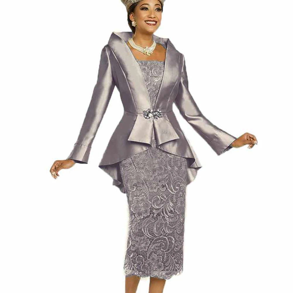 

Винтажные Свадебные платья для матери невесты, модель 2024, с атласным жакетом, кружевная юбка с длинным рукавом, квадратная, серебристо-серая