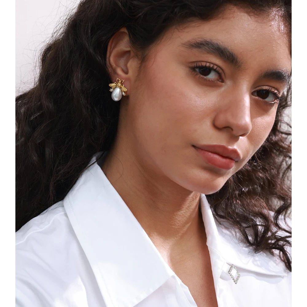 Yhpup Simulated Pearls Zircon Bee Stud Earrings Golden Stainless Steel