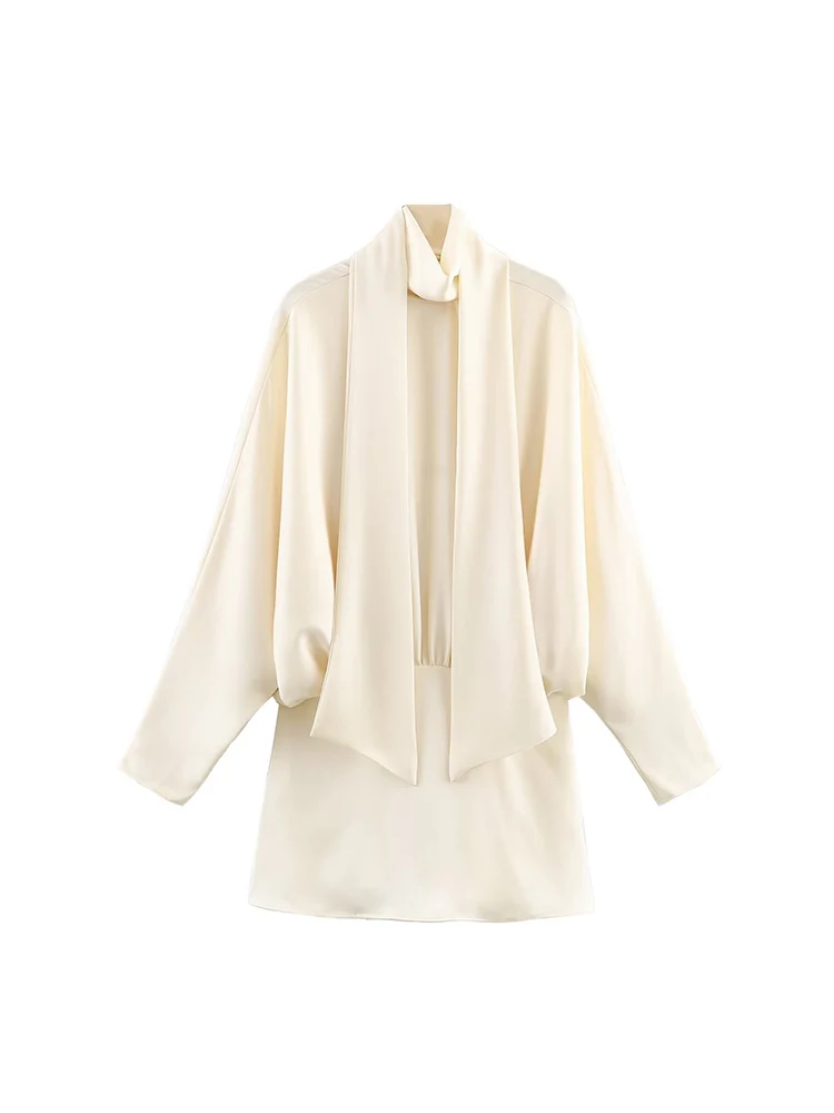 Elegant Women's Scarf Collar Party Dress Fashion High Street Long Sleeve Mini Dress New Satin Solid Color Chic Ladies Dress