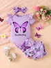 3Pcs Baby Girl Purple Butterfly Set: Romper+Headband+Bloomers Summer Casual Outfit