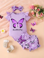 3Pcs Baby Girl Purple Butterfly Set: Romper+Headband+Bloomers Summer Casual Outfit