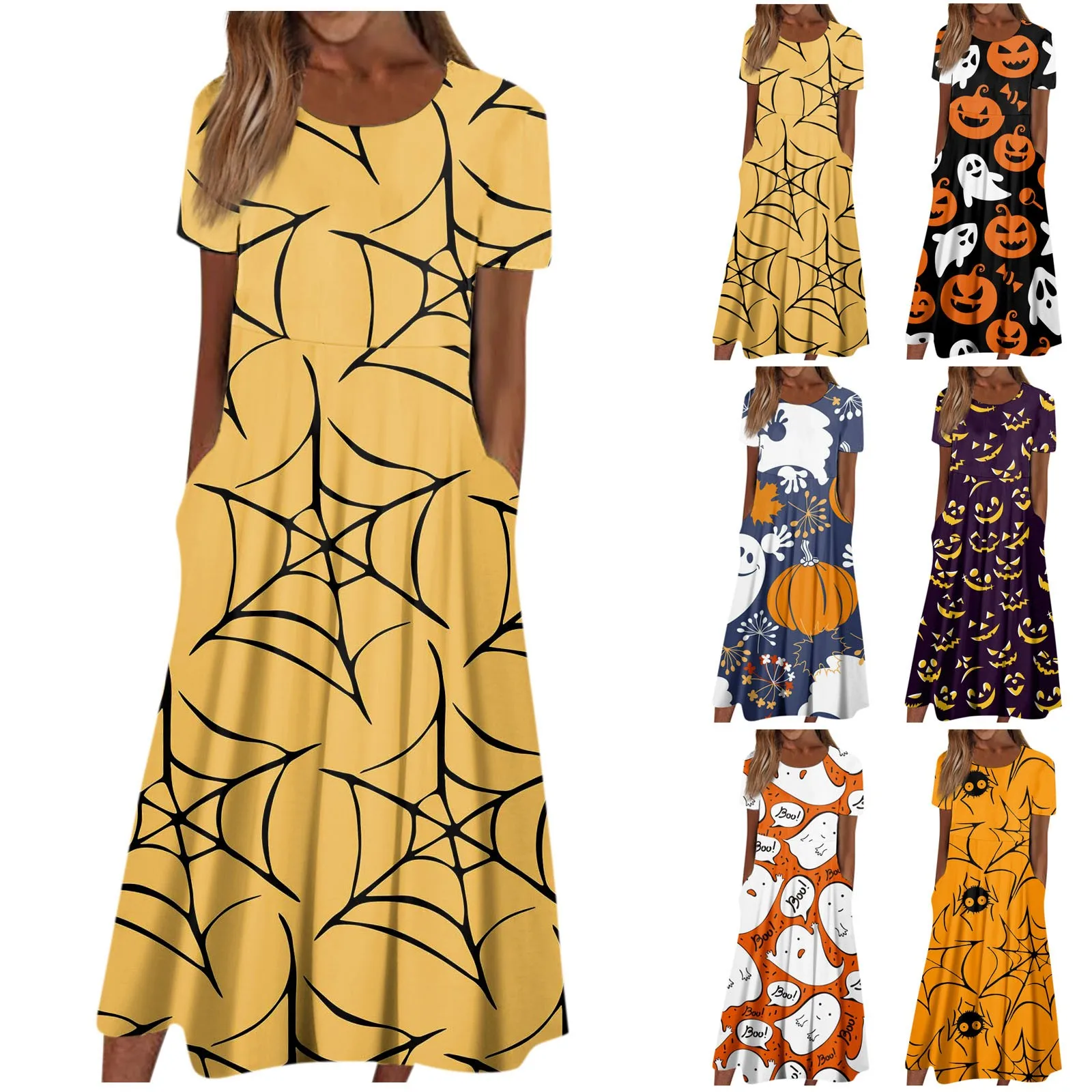 

Женское платье с коротким рукавом, круглым вырезом и карманами