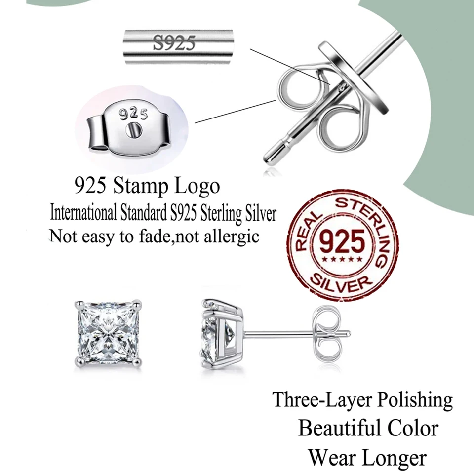 Swarovski Anello Set 4 Orecchini A Perno In Argento Sterling 925 - Quadrati, Misure 3,4,5,6 Mm, Con Zirconi Set Orecchini Quadrati Sterling Silver - Foto 3