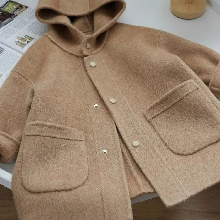 

Children's Clothing 2023 Autumn winter New Camel Colored Double-sided Hooded Coat Children's Stylish Medium Length Woolen Coat