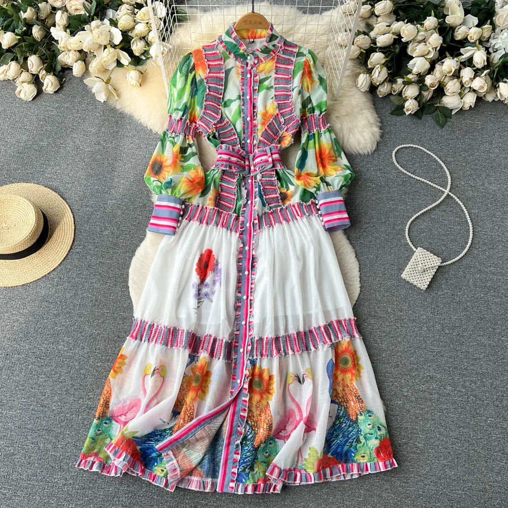 

French Court Style Stand-up Collar Single-breasted Striped Stitching Colorful Print Europe and the United States A-line Dress