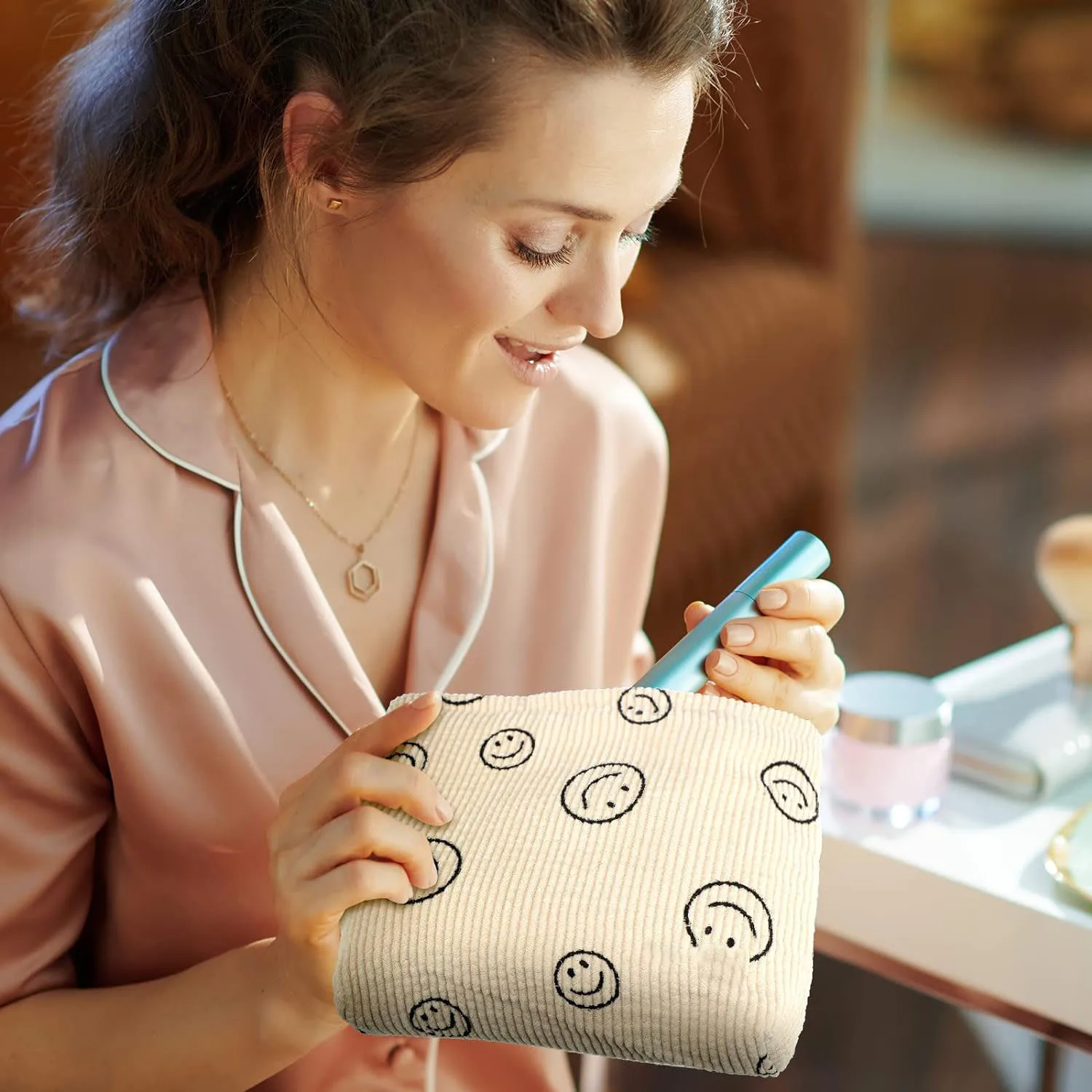 Makeup Bag For Women - Corduroy Cosmetic Bags Aesthetic Design Ladies Tote Bag, Cute Smiley Face Makeup Organizer with Zipper 5