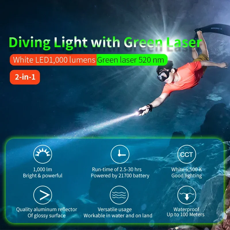 ARCHON J2 Diving LED Flashlight 1000 Lumens Torch Light Underwater 100m by Rechargeable 21700 5100Mah Battery for Self Defense