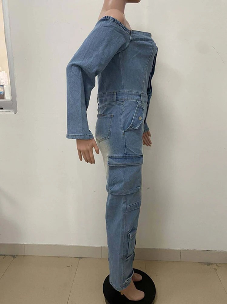 Modischer Mehrtaschen-Jeans-Cargo-Overall mit Schulterfreiem Design und Langen Ärmeln für Damen, Streetwear-Kleidung – Detail 8