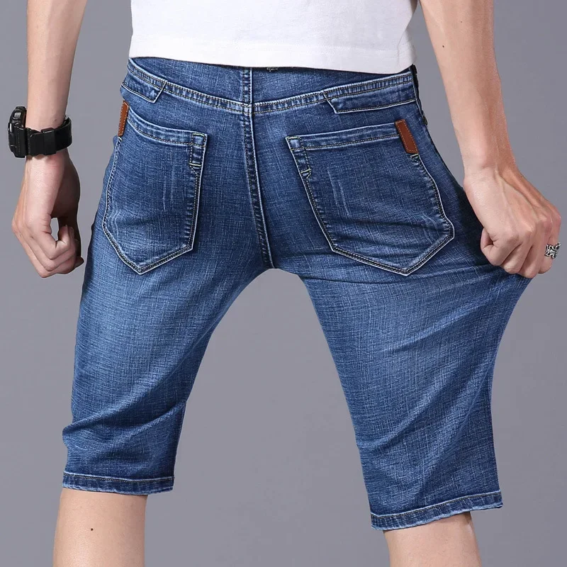 Men's Denim Shorts Summer Fashion Brand Stretch Thin Cotton Cowboy Male Knee Length Breeches Blue Casual Jeans Shorts Men